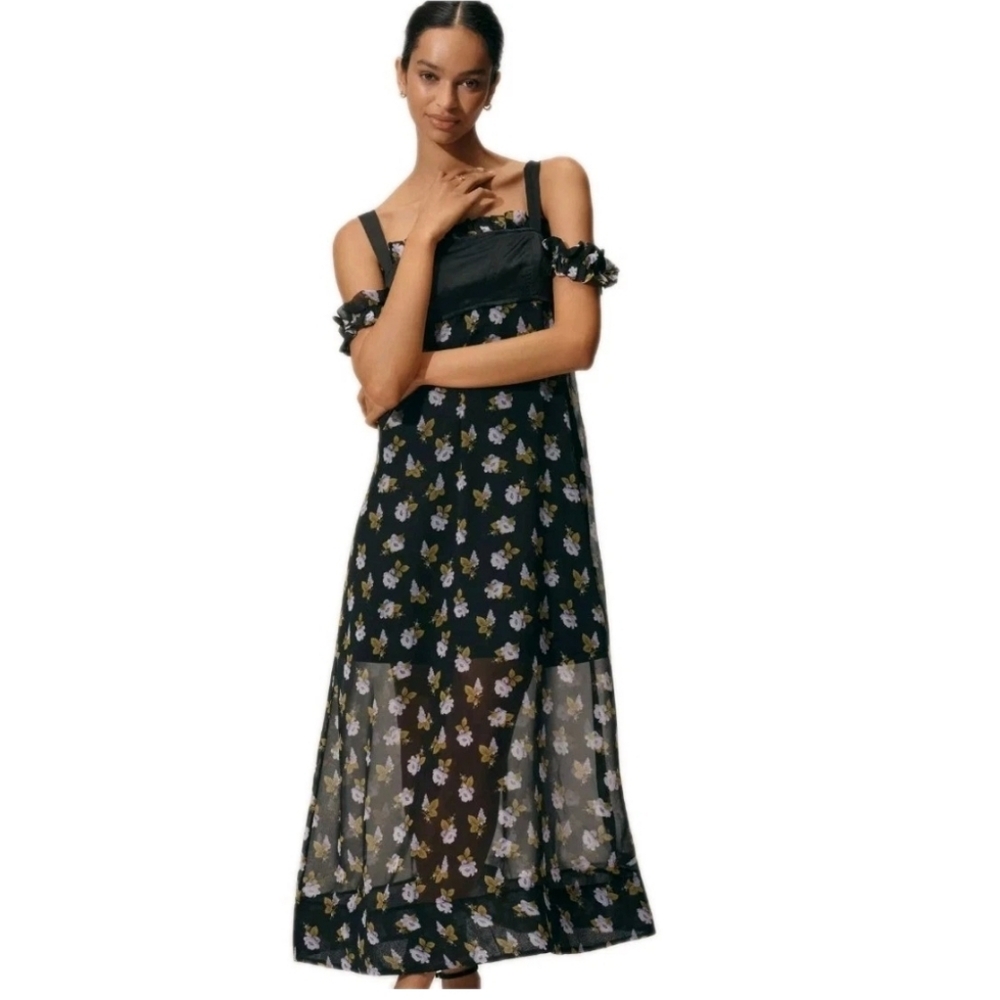 Maeve Square Neck Sheer Black Multicolored Floral Off Shoulder MidiDress Sz: Med